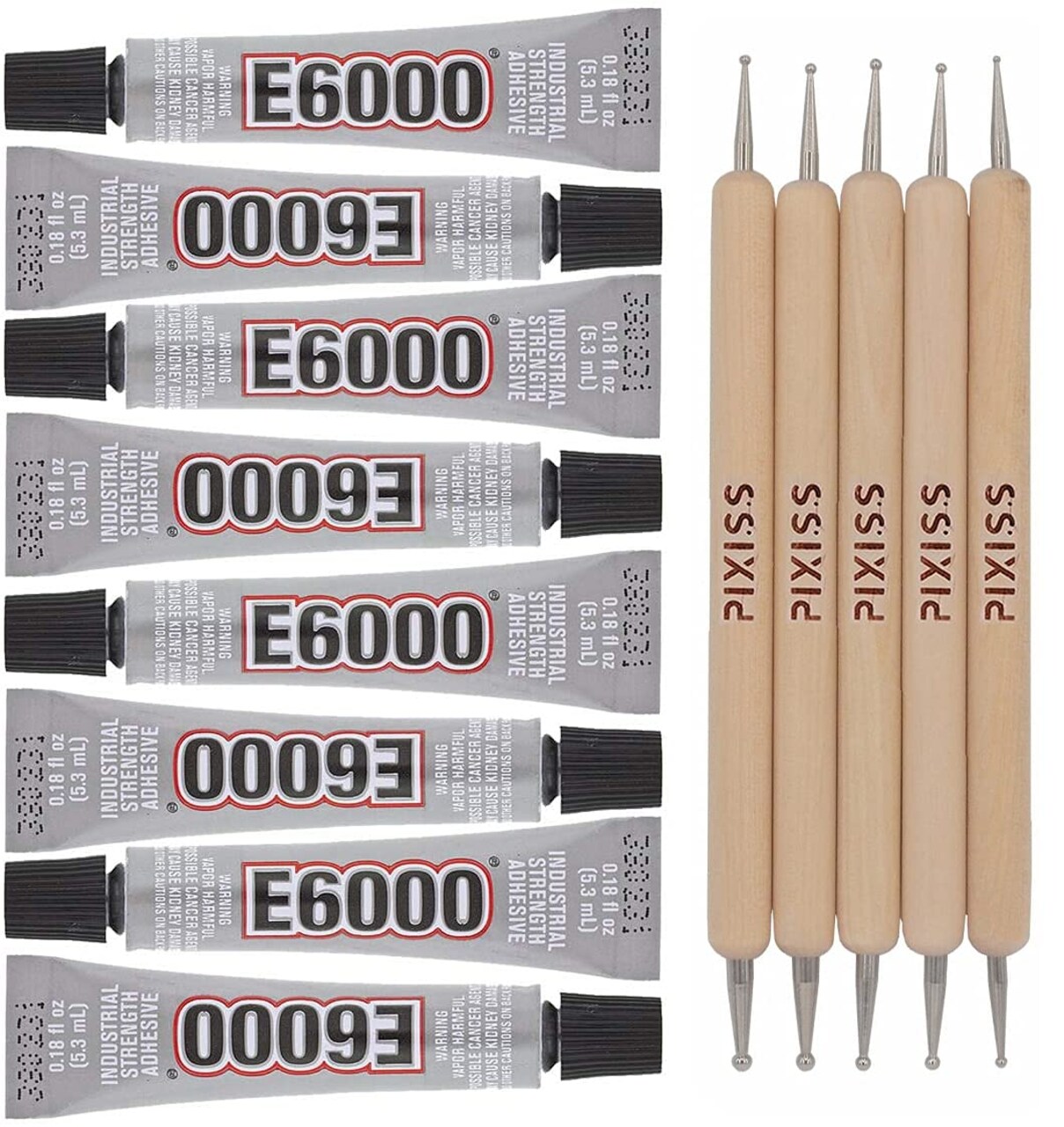 E6000 8-Pack 0.18 Ounce Bottles, Pixiss Wooden Dotting Stylus Pens